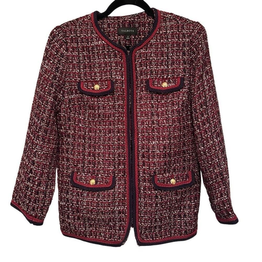 Stunning Talbots red and navy tweed skirt suit- size 8